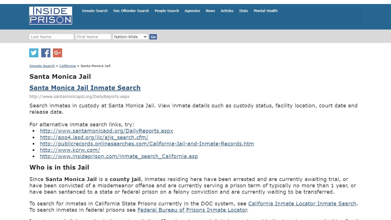 Santa Monica Jail - California - Inmate Search - Inside Prison